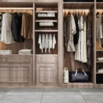 3d rendering minimal scandinavian wood walk in closet with wardrobe